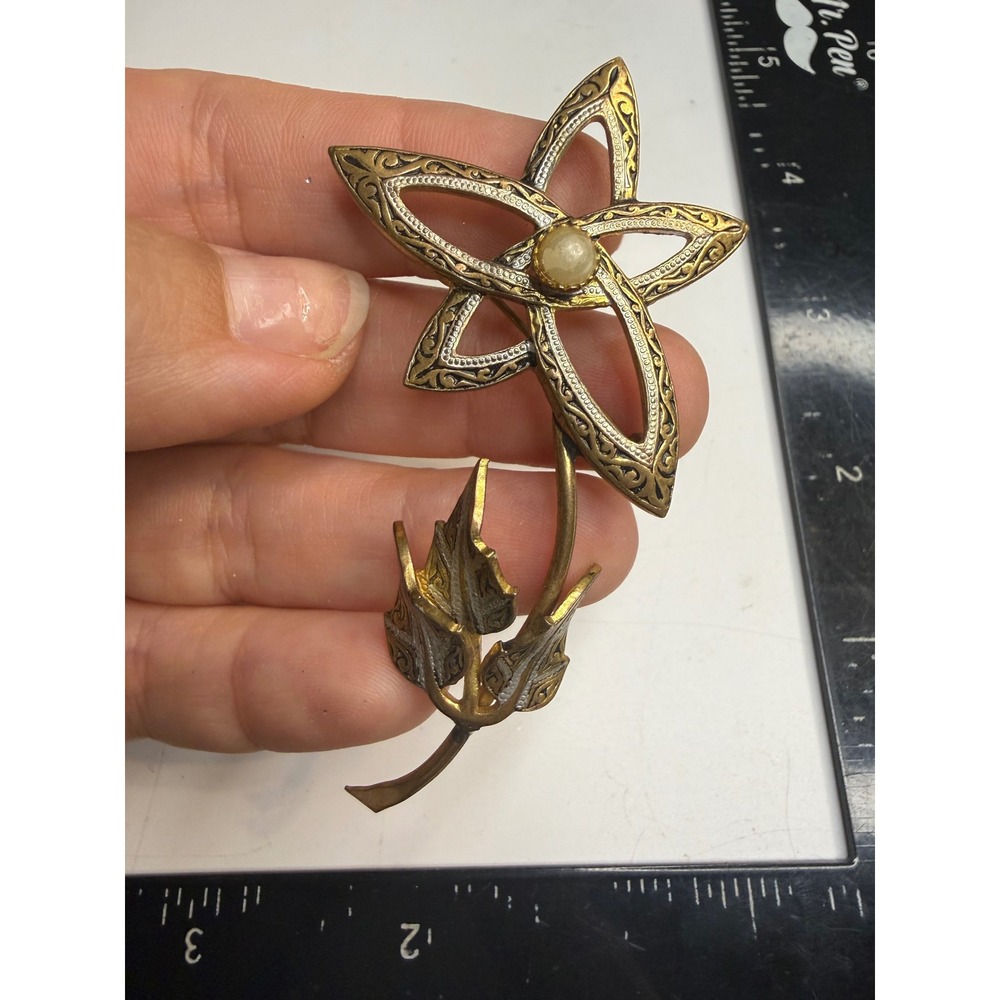Vintage Damascene Flower Brooch Gold Tone Toledo Spain Faux Pearl Long Stem 3.25